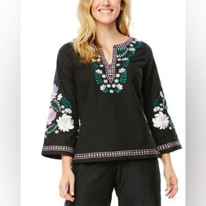 Roller Rabbit Lucena Embroidered Julia Linen Blend Black Tunic Top Small